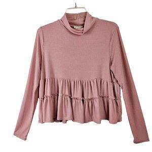 OPHELIA Rae Womens Large Pink Mock Neck Layered Ruffle King Sleeve Blouse